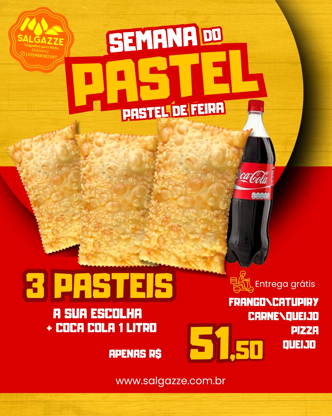 Salgados Vinhedo - Combo 3 Pastéis à Sua Escolha + Coca-Cola 1Lt | Pastéis Vinhedo Delivery