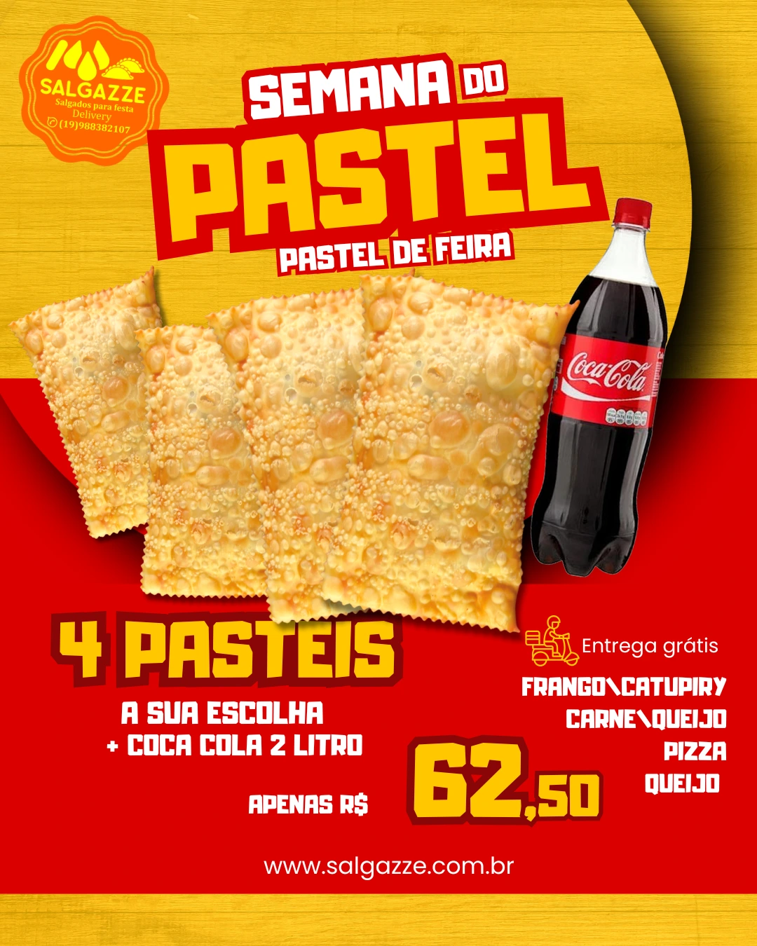 Salgados Vinhedo - Combo 4 Pastéis à Sua Escolha + Coca-Cola 2Lt | Pastéis Vinhedo Delivery