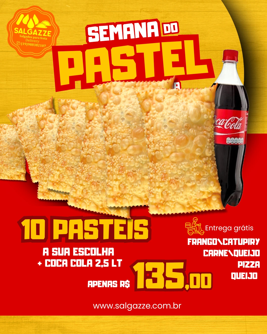 Salgados Vinhedo - Combo 10 Pastéis à Sua Escolha + Coca-cola 2,5 Lt | Pastéis Vinhedo Delivery
